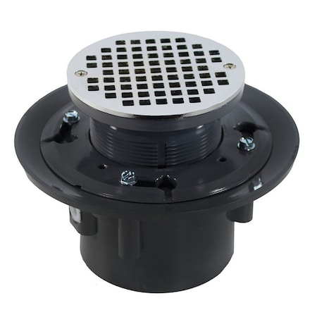 Jones Stephens 4in. Heavy Duty PVC Drain Base with 3-1/2in. Plastic Spud and 6in. Chrome Plated Strainer D49247